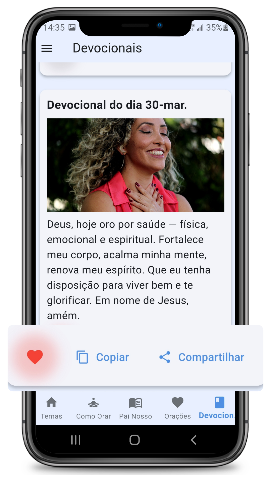Tela de leitura de oração no aplicativo Oração Diária com Deus com texto confortável