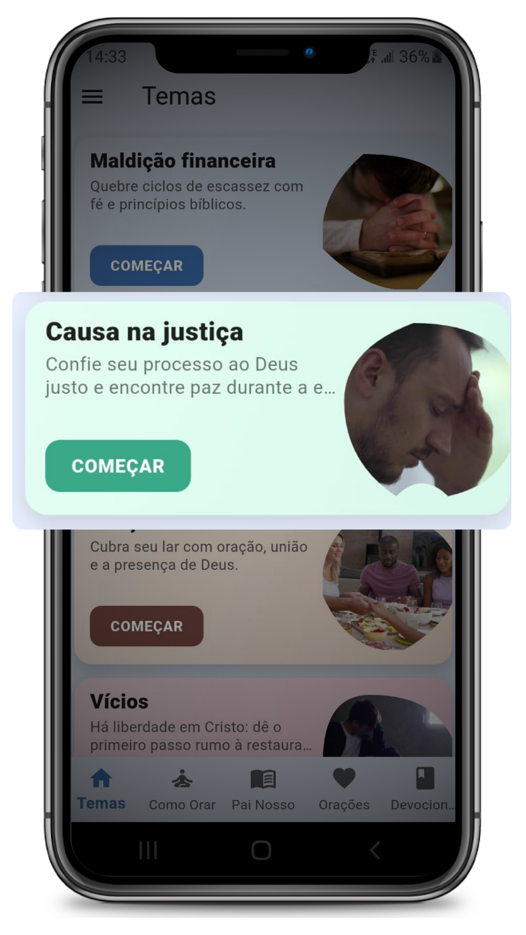 Tela inicial do aplicativo Oração Diária com Deus mostrando categorias de orações